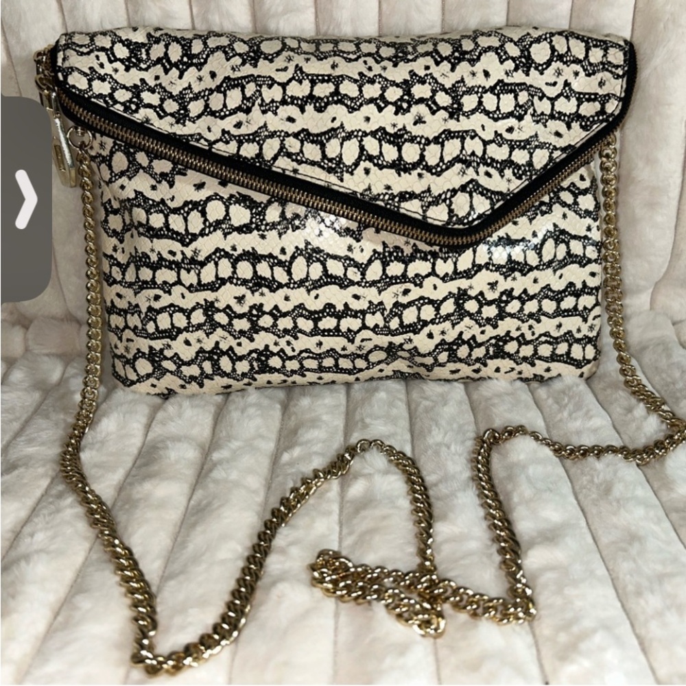 Henri Bendel Black and Cream Patterned Clutch with Gold Chain